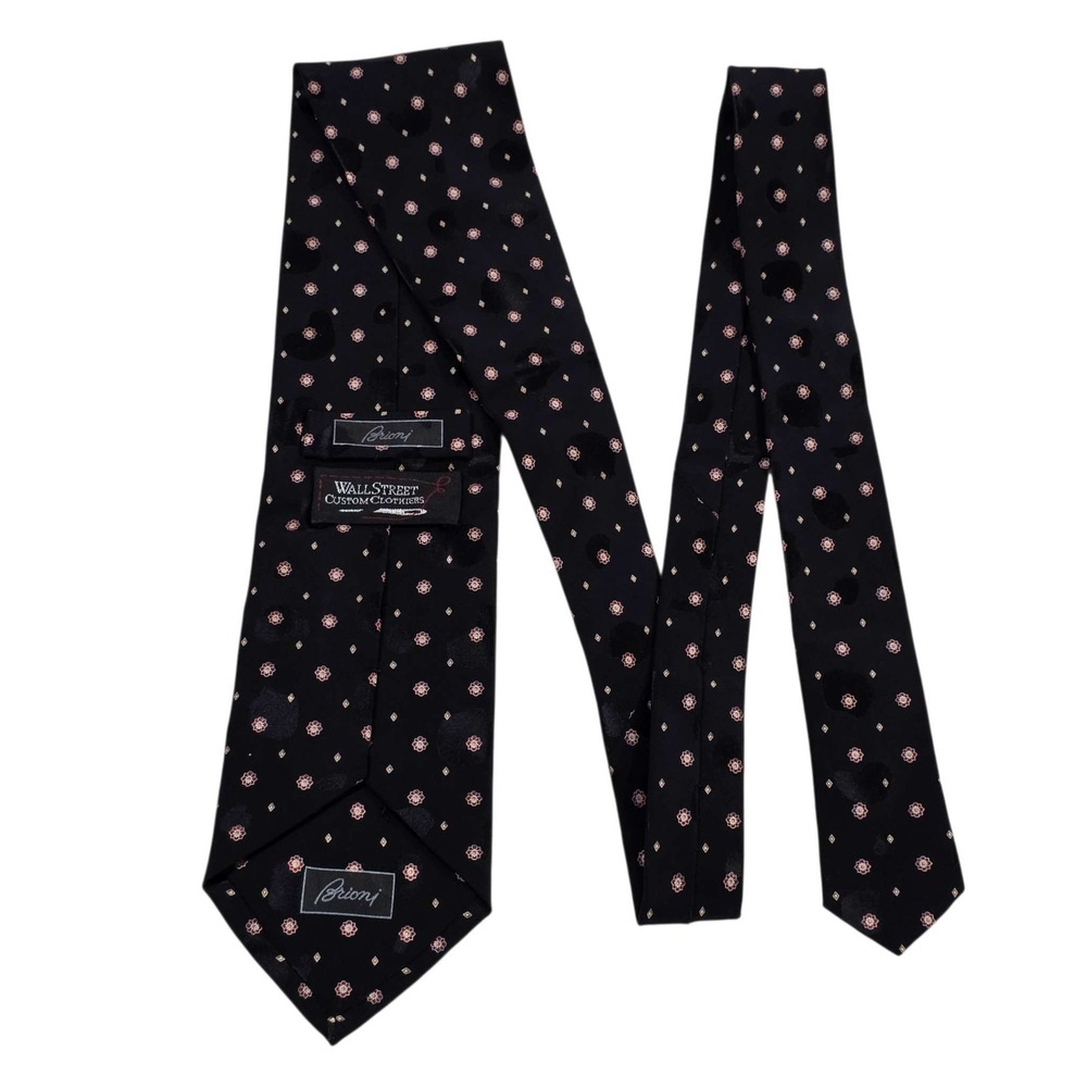 Brioni Silk Floral‎ Jacquard Necktie Black Red Flowers Hand Made in Italy Luxury